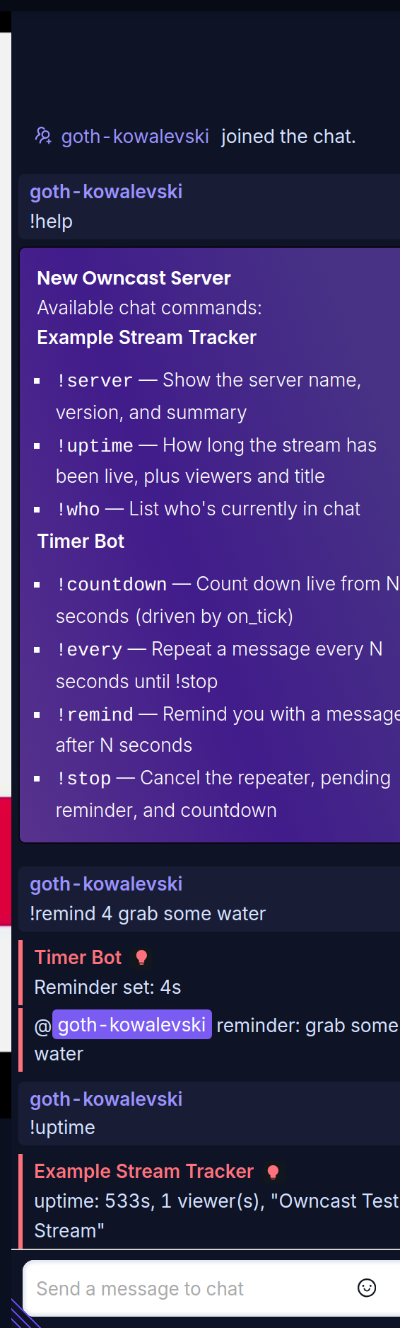 Chat showing the !help command listing and the Timer Bot plugin in use