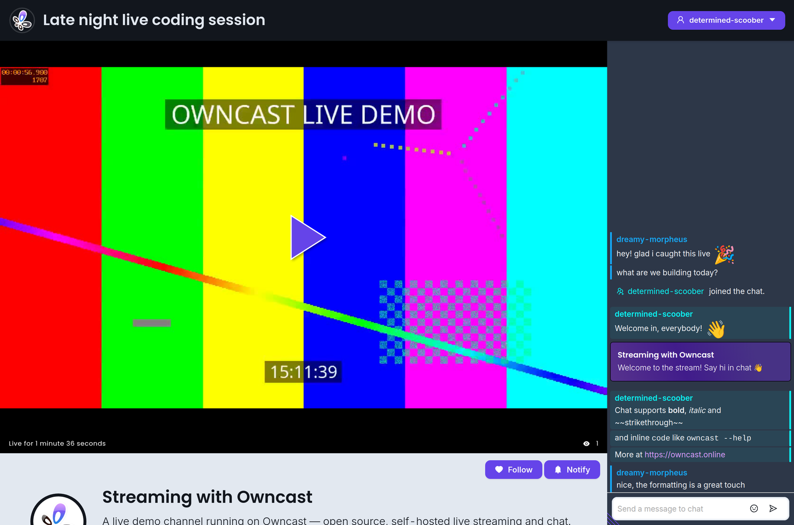 The Owncast web interface showing the video player, stream title, follow and notify buttons, and live chat