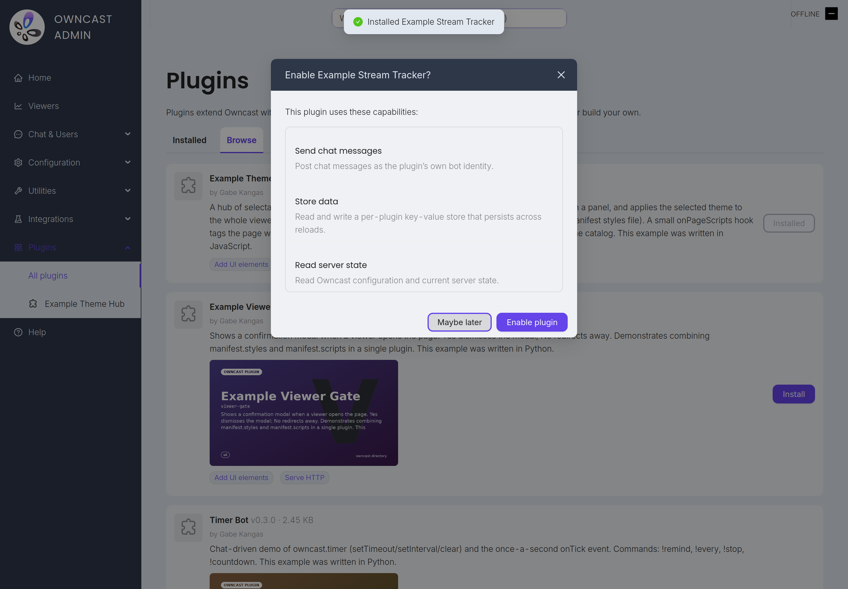 プラグインをインストールする際に Owncast が表示する権限プロンプト