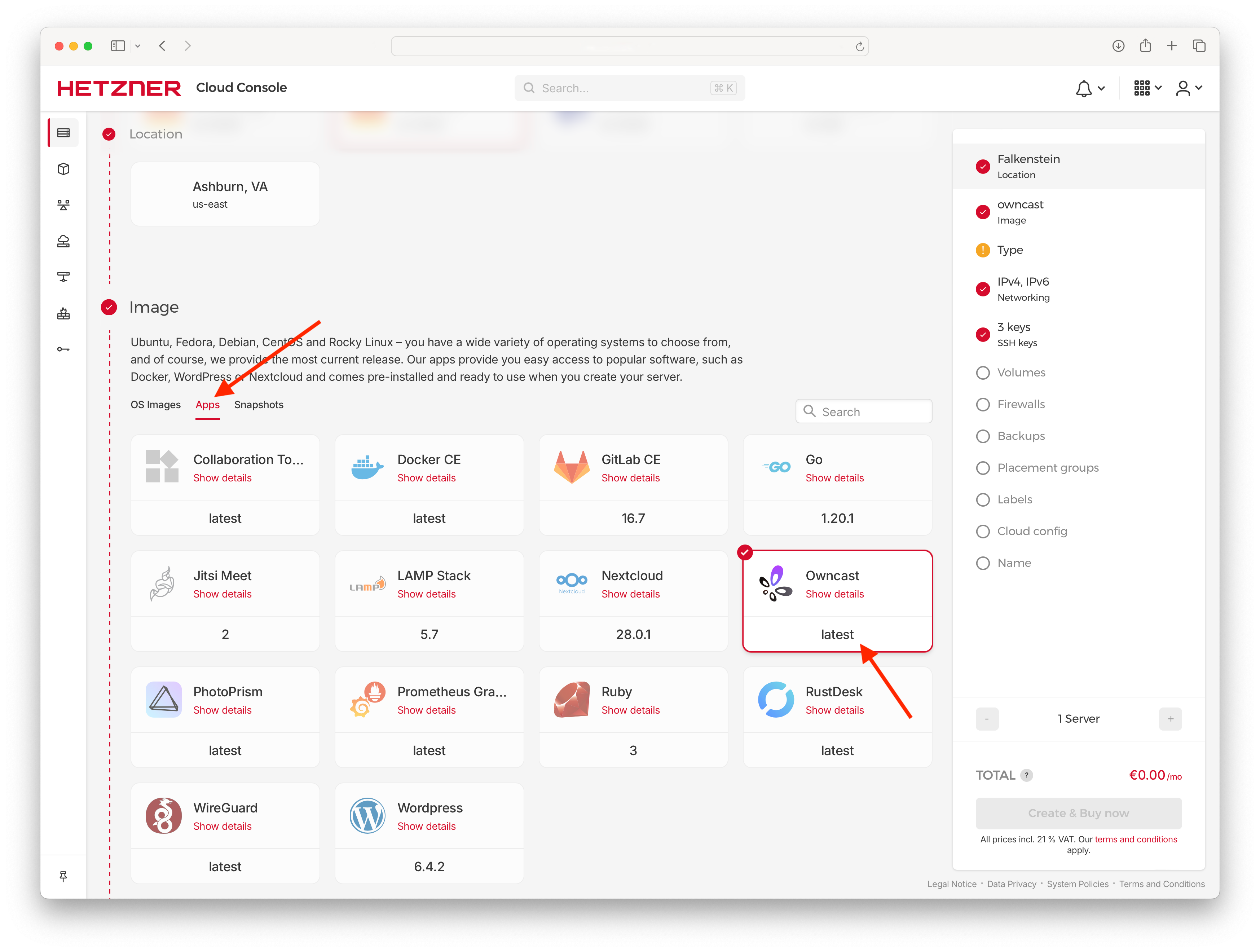 Hetzner Cloud interface with the apps tab open and Owncast selected
