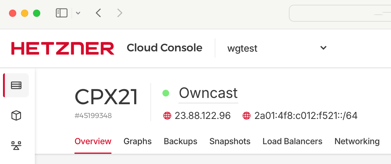 Close-up of the Hetzner Cloud interface with two IP address showing